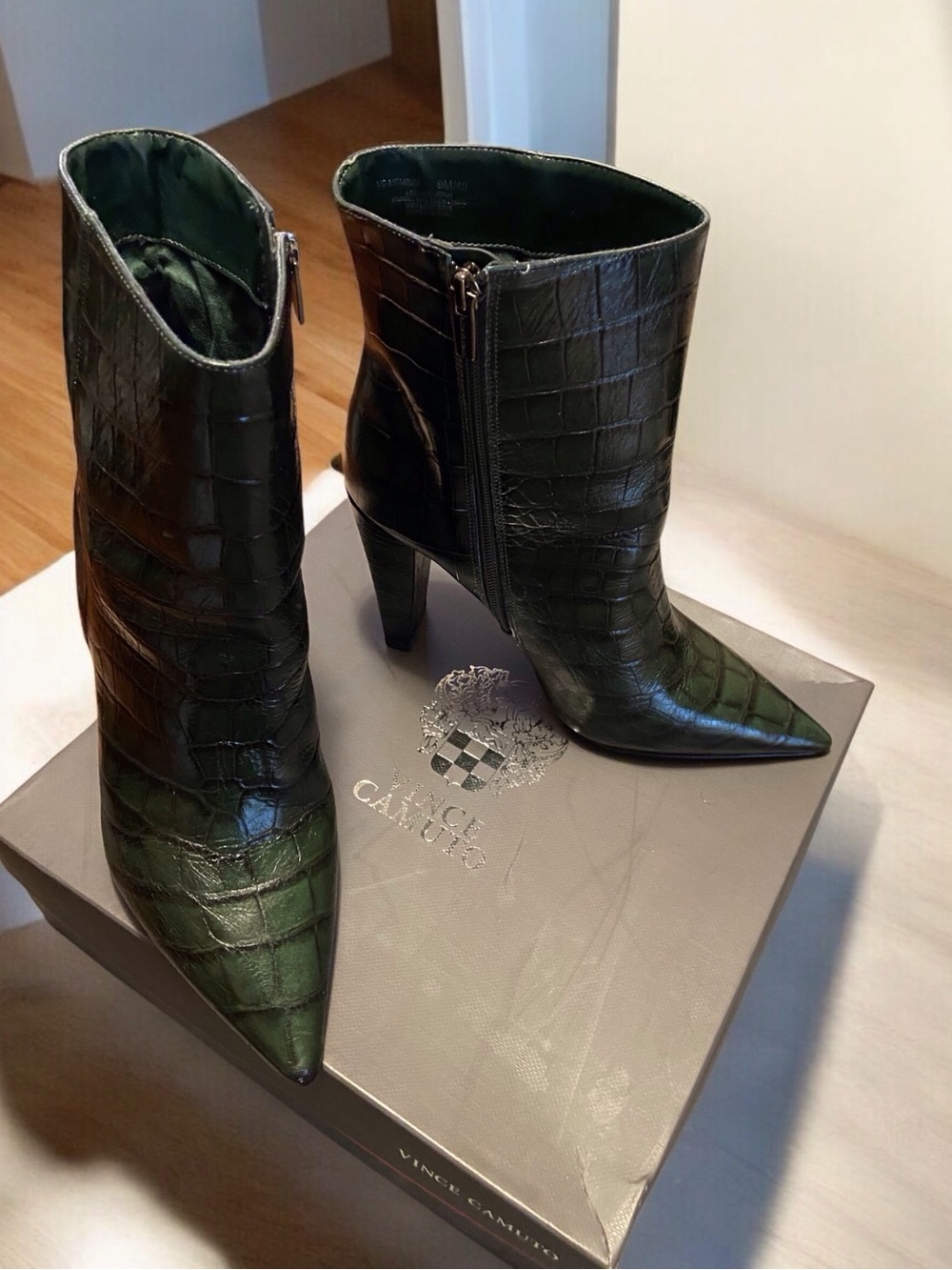 Vince Camuto Dark Green Croc-Embossed Pointed Toe Ankle Boots